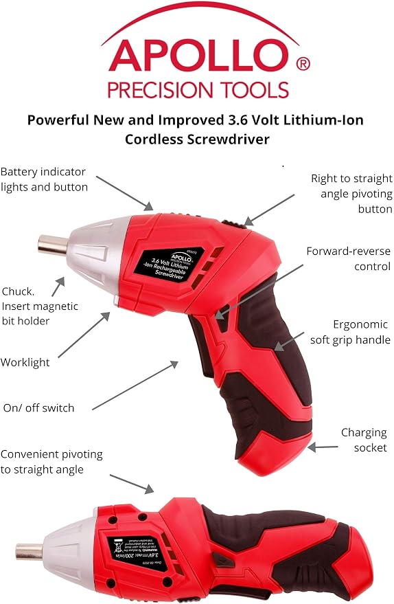Apollo Tools 135 Piece Household Tool Set with Pivoting Dual-Angle 3.6 Volt Lithium-Ion Cordless Screwdriver – Includes Most-Needed Tool Selection and Hanging Assortment- Red - DT0773