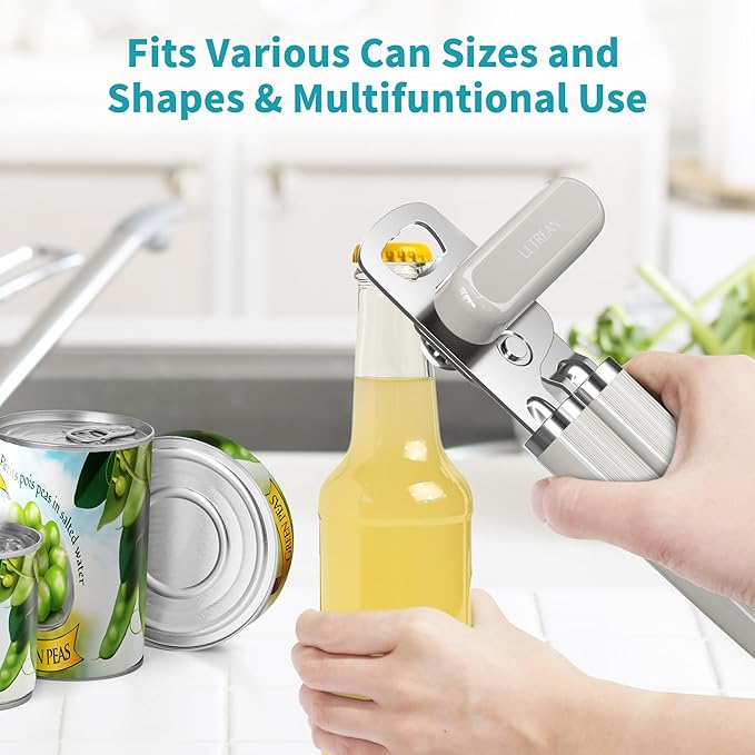 Ultrean Manual Can Opener Bottle Opener, Heavy Duty Stainless Steel Smooth Edge Manual Hand Held Can Opener With Soft Touch Handle, Rust Proof Oversized Handheld Easy Turn Knob (Light Gray)