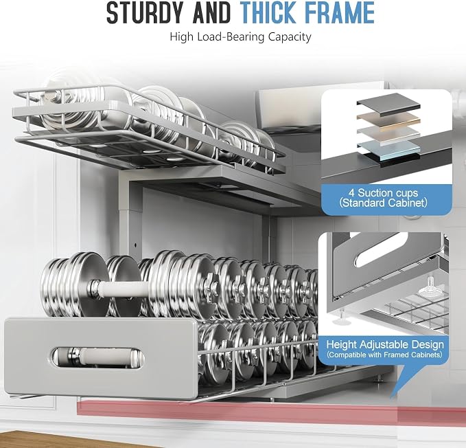 Under Sink Organizer Upgrade To Professional Rails,2-Tier Dual Pull Out Cabinet Storage,Height Adjustable Slide Out Drawers For Bathroom Kitchen,1 Pack-21"Dx12.8"-16.9"H,Gun Gray