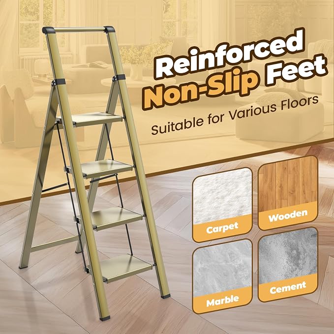 HBTower 4 Step Ladder with Handrail, Aluminum Folding Step Stool,330lbs Capacity Portable Step Ladder，Non-Slip Safety Ladder for Household,Kitchen,Office - Gold