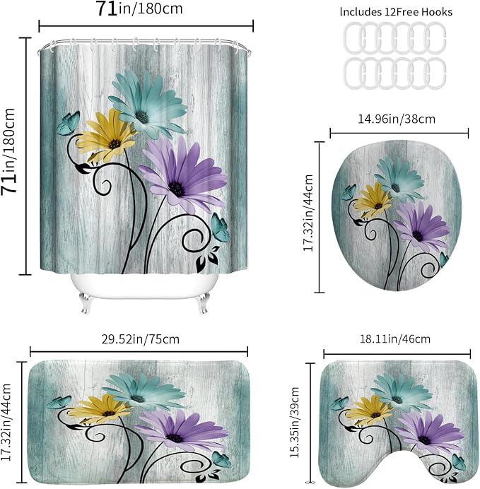 Onalasyc 4PCS Blue-Green Daisy Flowers Butterfly Shower Curtain Set with Shower Curtain and Carpet and Accessories, Waterproof Bathroom Shower Curtain Decorative Set with 12 pcs Hooks,71 x 71in