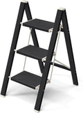 Mayi Plus 3 Step Ladder,Aluminum Folding Step Stool for Adults,Step Ladder with Wide Anti-Slip Pedal,330 lbs Capacity for Home,Kitchen,Library,Office(Ebony Woodgrain)
