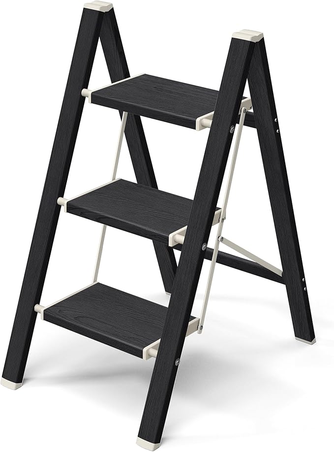 Mayi Plus 3 Step Ladder,Aluminum Folding Step Stool for Adults,Step Ladder with Wide Anti-Slip Pedal,330 lbs Capacity for Home,Kitchen,Library,Office(Ebony Woodgrain)