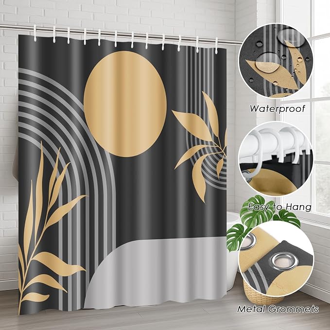 Boho Mid Century Shower Curtain Set with Toilet Lid Cover and Non-Slip Rugs, Abstract Geometric Grey Background 4 Pcs Modern Minimalist Shower Curtain for Bathroom Set with 12 Hooks