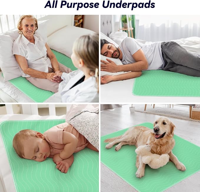 FYGRIP 4 Pack 36” x 36” Extra Heavy Absorbency Washable Underpads, Waterproof Quick Drying Nursing Incontinence Reusable Washable Bed Pee Pads for Dogs, Diaper Changing & Adults, Green