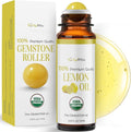 Lemon Essential Oil Roll On for Energy Mood Uplift Anxiety Relief - 100% Pure USDA Organic MCT Coconut Oil - Mental Clarity Focus Positivity Citrus Scent Perfume - Gemstone Roller 10ml Travel Size