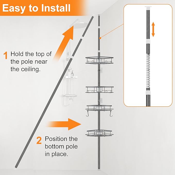 DUFU Corner Shower Caddy Tension Pole, Tension Rod Organizer, 4-Tier Adjustable Floor to Ceiling Shower Caddy 33-127inch, No Drilling Shower Shelf for Inside Shower (Gray)