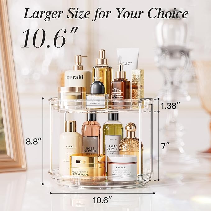 LAMU 2 Pack 2 Tier Lazy Susan Turntable Organizer 10.6'' Rotating Spice Rack Organization for Cabinet, Kitchen, Pantry, Countertop, Bathroom, Vanity, Medicine Cabinet Organizer, Clear