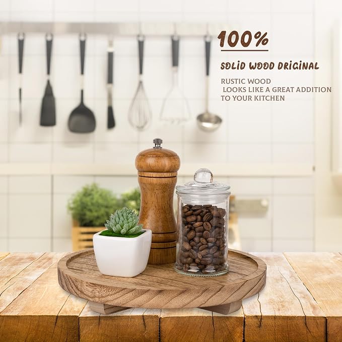 Round Decorative Tray Wood Bathroom Counter Organizer Farmhouse Kitchen Decor Wooden Riser for Soap Dish, Perfume, Candle, Sponge, 9" - Brown