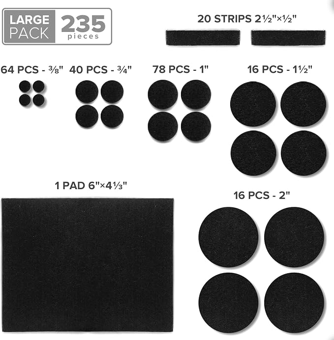 Felt Furniture Pads 235 PCS X-Protector! Huge Quantity of Black Furniture Pads for Hardwood Floors with Many Big Sizes – Your Ideal Wood Floor Protectors for Furniture.