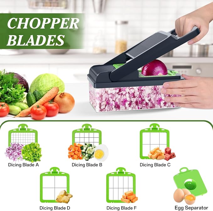 HomeHacks Vegetable Chopper Vegetable Cutter, 15 in 1 Kitchen Gadget, Dicer, Slicer, Onion Cutter, Salad, Cheese Grater & Egg Separator - Multi-Functional Veggie Chopper Lid with Handle (Green)