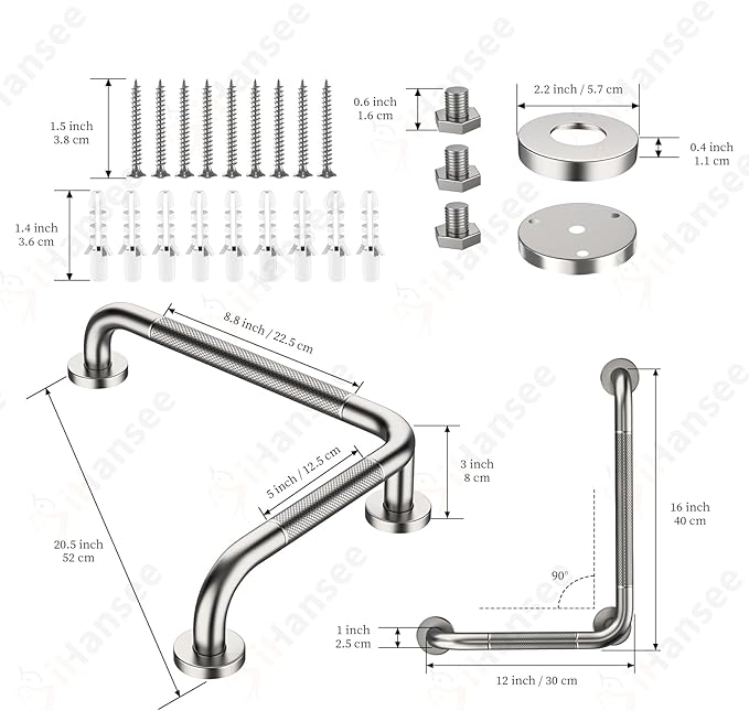 L-Shaped Angled Grab Bar 12x16 Inch Brushed Nickel Anti-slip Knurled Shower Handle Wall Mount, Stainless Steel Shower Bar for Seniors Injured Balance Support, Handicap Grab Bars for Bathtubs & Showers