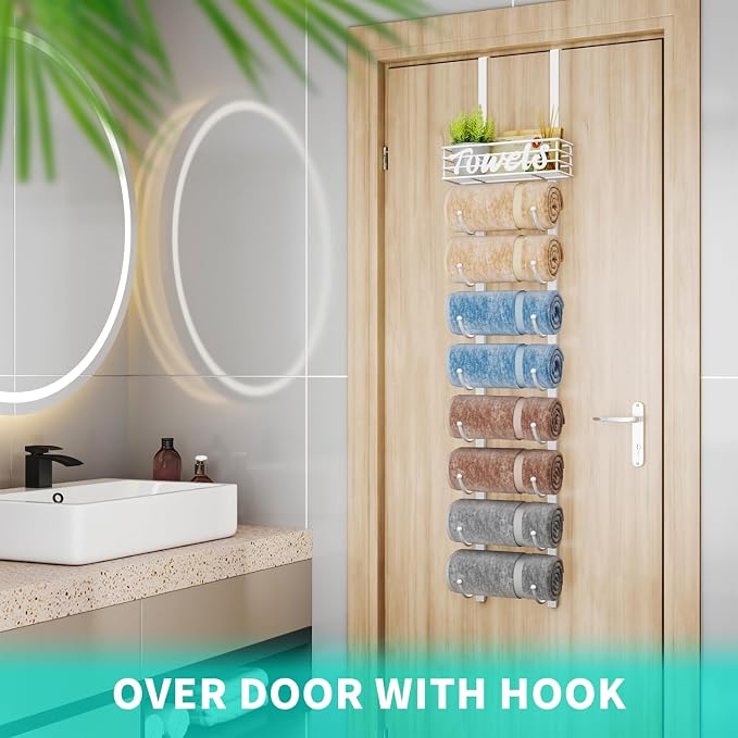 HapiRm Towel Racks for Bathroom Storage - 9 Tier Over The Door & Wall Mount Rolled Towel Storage Organizer Holder with Metal Shelf Basket for Small Bathroom, Camper, Rv - White, Patented
