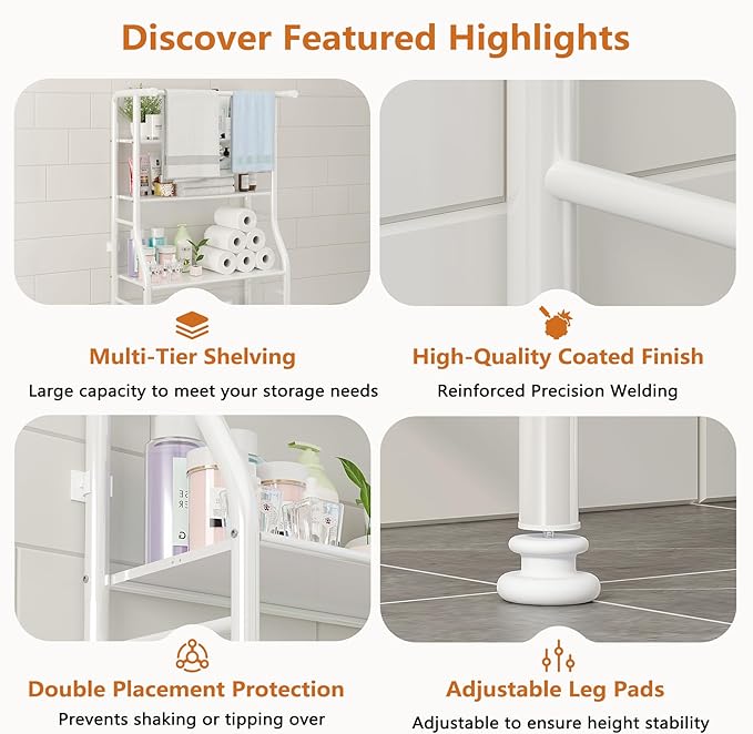 UDEAR 3-Tier Over The Toilet Rack,Bathroom Shelf Space Saver,Corner Stand Storage Organizer Accessories,the Washing Machine,with Hanging Rod,Tower Shelf,White