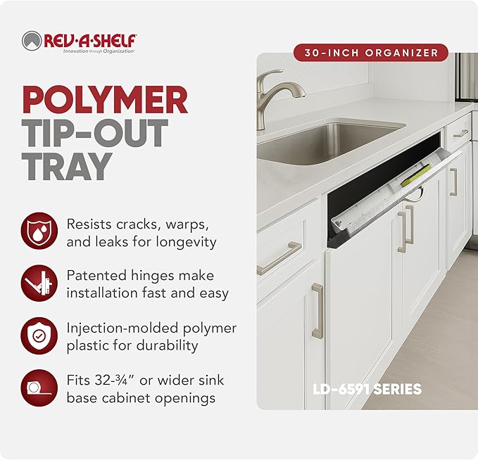 Rev-A-Shelf 30" Plastic Tip-Out Tray Organizer for Sink Base Cabinets, Home Kitchen and Bathroom Organization, Min Opening Width of 32.75", White, LD-6591-30-11-1