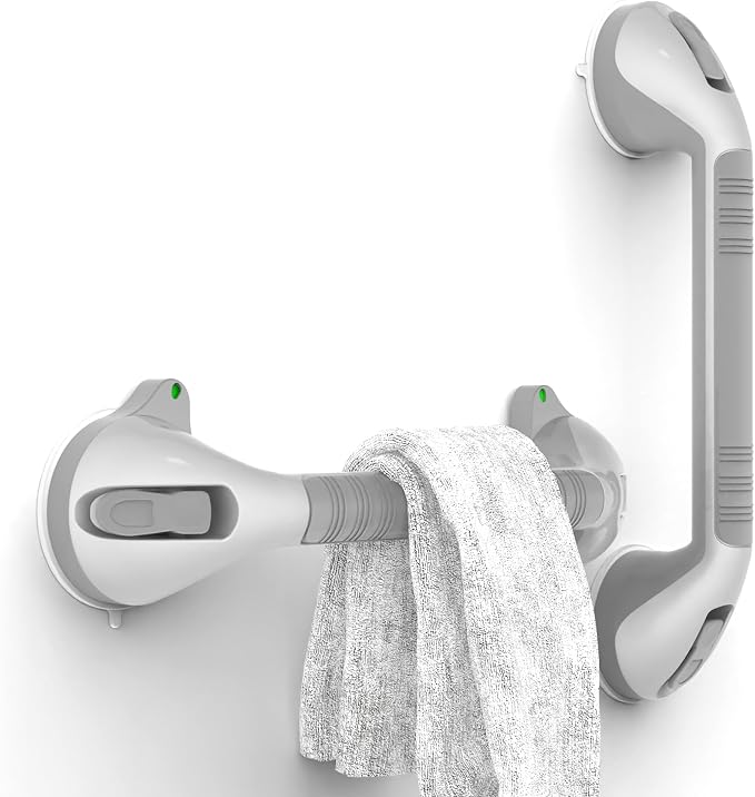17“ Suction Shower Grab Bar with Indicators, Tool-Free Installation, Steady Handle for Balance Assist for Bathtub, Toilet, Bathroom, Dual Tone, Silver/Gray 2-Pack