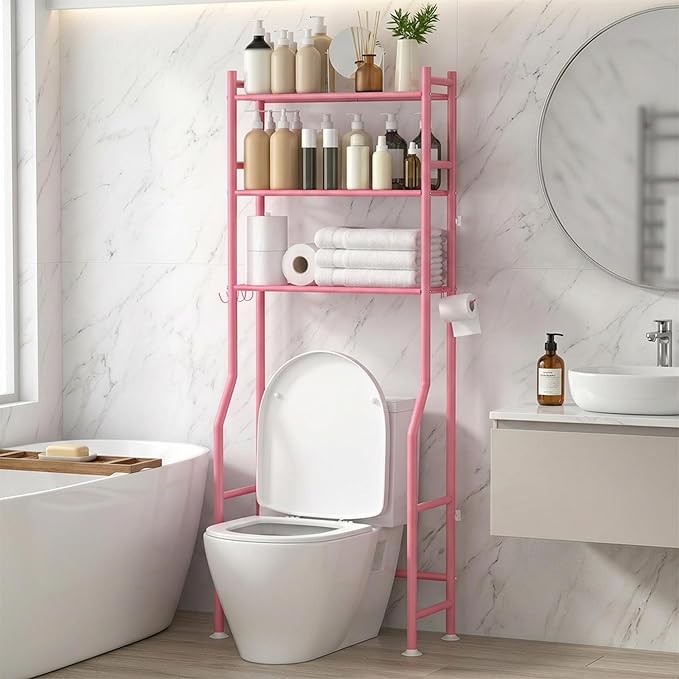 GloTika 3-Tier Over Toilet Storage with Anti-Tilt Safety System - 150lb Total Capacity Metal Bathroom Shelves Including Paper Holder & 4 Hooks, Space Saving Above Commode Organizer (64" H, Pink)