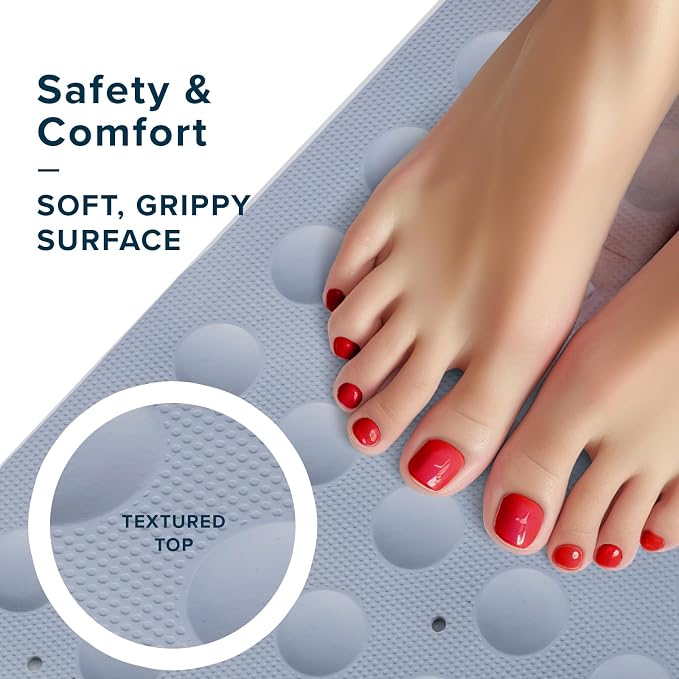 SlipX Solutions Square Natural Rubber Shower Stall Mat, 21” x 21”, Mildew Resistant, Non Slip Safety, Antimicrobial Product Protection, 140 Power Grip Suction Cups, Center Drain Hole, Gray