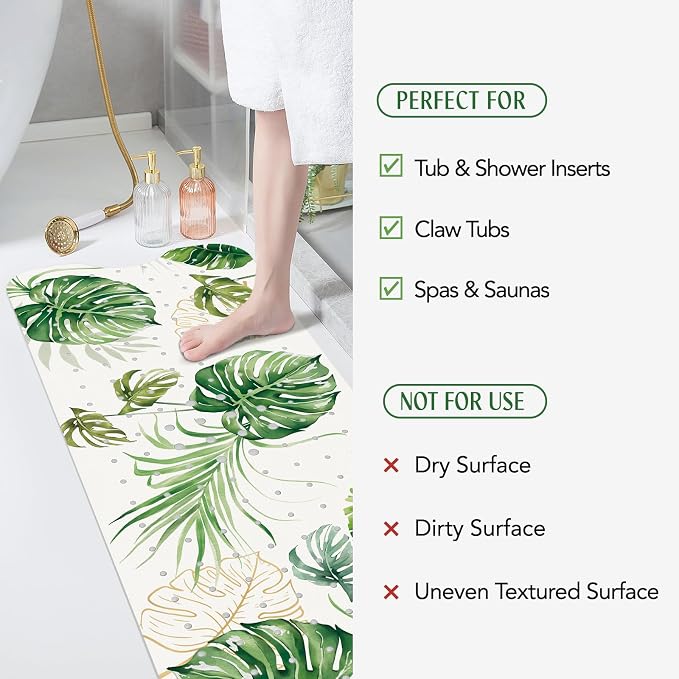 SHUCHING Tropical Green Leaves Bath Mat for Tub Non Slip-40 X 16Inch, Bathtub Mat Anti Slip, Extra Long Shower Mat for Bathroom Mold Free, Machine Washable