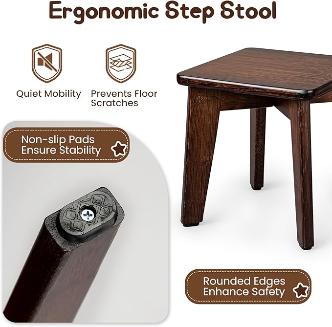 StrongTek Bamboo Small Step Stool, Durable and Stylish Wooden Step for Adults and Kids, Perfect for Kitchen, Bathroom, Bedroom, or Living Room, Non-Slip, Compact, Portable, Easy to Store (Chocolate)