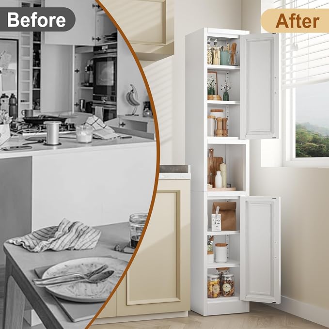 Tall Metal Narrow Bathroom Storage Cabinet 67" H, Tall White Pantry Cabinets with 4 Adjustable Shelves and 2 Doors for Kitchen, Home Office, Living Room, Dining Room(11.8 inches Wide)