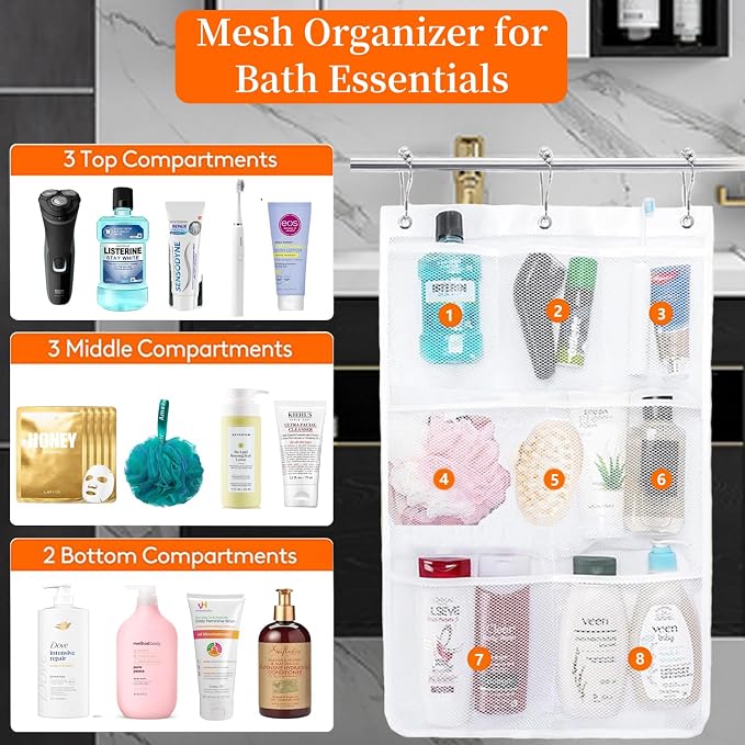 Bathroom Hanging Shower Organizer, 8 Pockets Mesh Shower Caddy with Easy Drying Mesh, Over The Door Bathroom Hanging Organizer for Soap, Shampoo and Cruise Essentials, White, 2 Pack