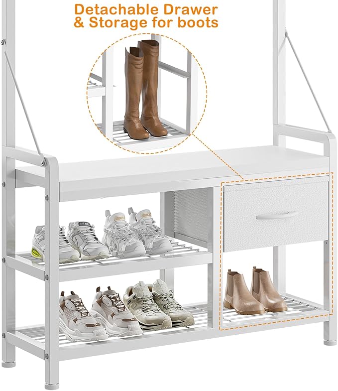 Lulive Hall Tree, 31.5” Entryway Bench with Coat Rack freestanding, 5 in 1 Intelligent Design Shoe Bench and Wall Rack 17 Hooks and Drawers (White)