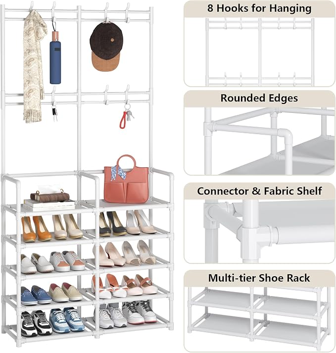 Laiensia 5-Tier Entryway Coat Rack, Coat and Shoe Rack, Entryway Bench Storage Organizer with 8 Hooks for Bedroom, Hallway, Office, White