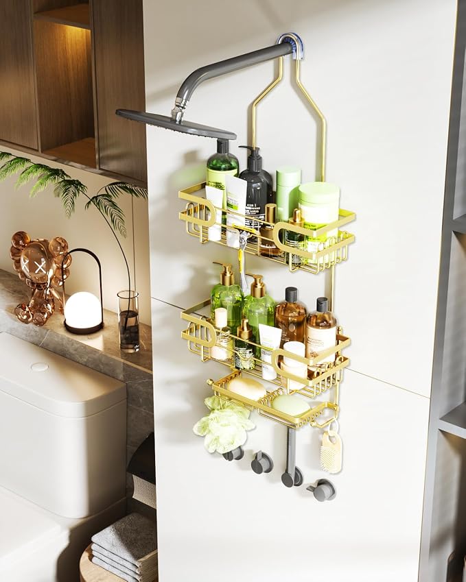HapiRm Shower Caddy over Shower Head with 2 Soap Holders, Rustproof & Waterproof Hanging Bathroom Organizer with 12 Hooks, No Drilling Hanging Bathroom Caddy - Gold