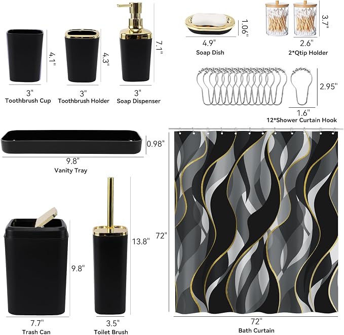 XLHOMO Black Bathroom Set, Bathroom Sets with Stripe Shower Curtain, Black and Gold Bathroom Accessories with Trash Can, Soap Dispenser, Soap Dish, Toilet Brush Holder, Qtip Holders for Bathroom