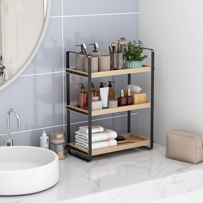 HNRLOY Bathroom Counter Organizer,Bathroom Countertop Organizer,Counter Shelf,Countertop Storage,Organization and Storage,Makeup Shelf,Sink Caddy(Burlywood 3 Tier)