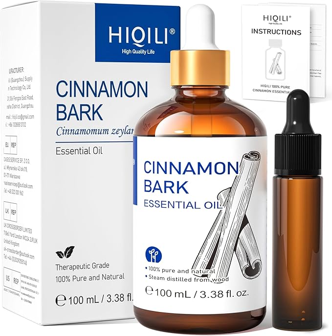 HIQILI Cinnamon Essential Oil for Spary, Diffuser, Garden and Kitchen - 100% Pure Natural - Indoor and Outdoor, 3.38 Fl Oz