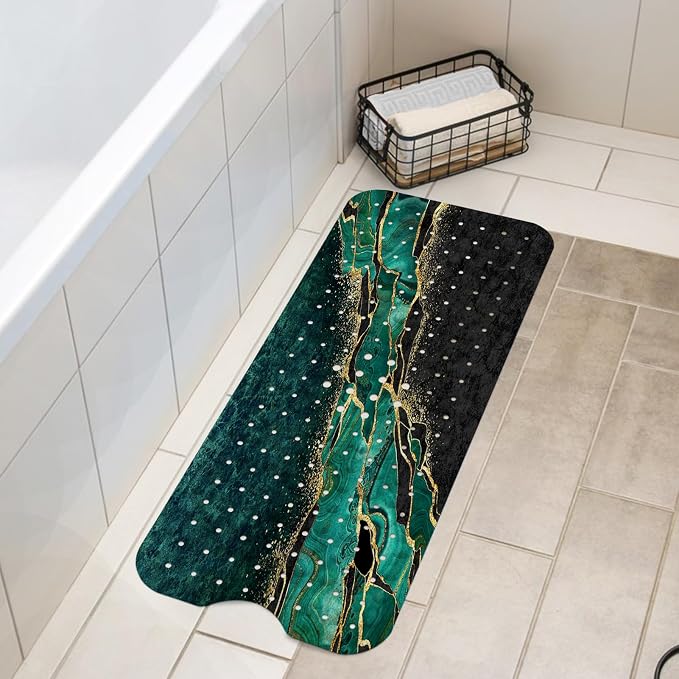 LNOND Marble Bath Tub Mat Non Slip, Extra Long 40 X 16 Inch Anti Slip Mat for Bathtub, Green Gold Marble Shower Mat with Drain Holes and Suction Cups, Machine Washable