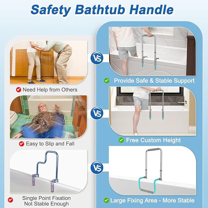 Bath Tub Handles for Seniors Shower Rails Elderly Adults Safety, Bathtub Clamp Grab Bars Helper No Drill, Handicap Bathroom Tub Support Bar Assist Devices, Help Getting Out of Bathtub