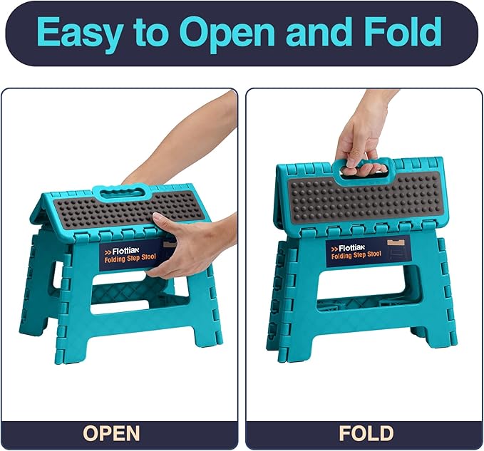 Flottian 9" Folding Step Stool for Adults and Kids Holds Up to 300 lbs,Non-Slip Folding Stools with Portable Handle, Compact Plastic Foldable Step Stool for Bathroom,Bedroom, Kitchen Ocean Blue