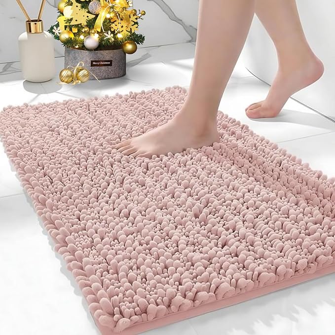 Bathroom Rugs Non Slip Washable, Extra Thick Soft Chenille Absorbent Bath Mat, High Density Barrier Non Slip Backing, Quick Dry Plush Shaggy Floor Carpet for Tub&Shower 24x17, Pink