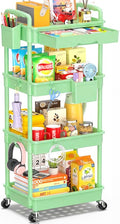 SUNALLY 4 Tier Rolling Utility Cart with Drawer, Storage Organizer Cart with 2 Lockable Wheels, Multifunctional Rolling Storage Cart for Bathroom, Kitchen, Craft, Makeup, Baby Essentials, Green