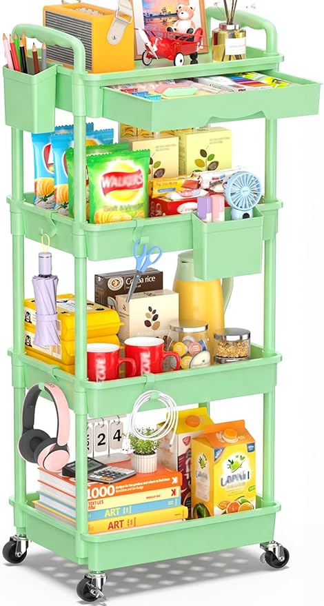 SUNALLY 4 Tier Rolling Utility Cart with Drawer, Storage Organizer Cart with 2 Lockable Wheels, Multifunctional Rolling Storage Cart for Bathroom, Kitchen, Craft, Makeup, Baby Essentials, Green