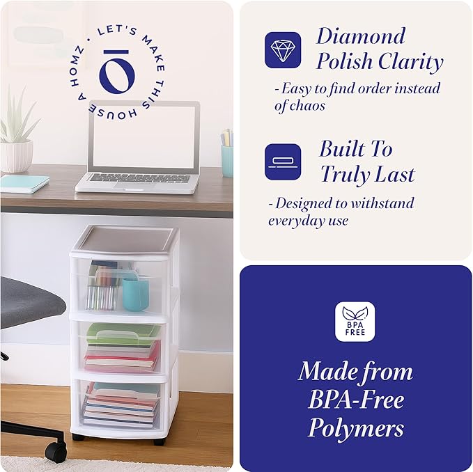 HOMZ 2-Pack Drawer Tower, 3-Tier Clear Plastic Storage Organizer Cart, White Frame - Organizing Containers with Wheels for Home, Bathroom, Bedroom, Office, and Classroom