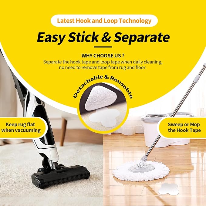 PHIXBEAR 16 Sets Super Adhesive Carpet Pad Gripper, Heavy Duty Hook and Loop Strips Rug Tape for Hardwood Floors Tile, Rug Corners to Hold Rug Down, Keep Area Rugs Safe and in Place