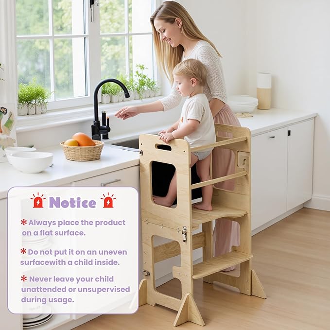 labebe Toddler Standing Tower for 12M+, Montessori Foldable Learning Standing Tower with Blackboard, Anti-tip Structure Design,Wooden Kitchen Step Helper Stool for 1-3 Year Old Boy Girl Gift