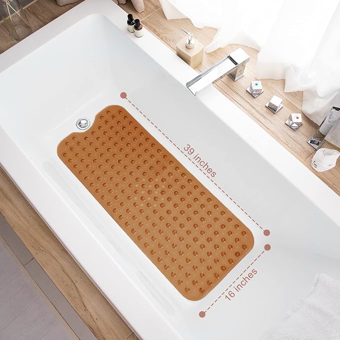 TEESHLY Bathtub Mats for Shower Tub, Extra Long Non-Slip 39 x 16 Inch Bath Mat with Drain Holes and Suction Cups, BathMat for Bathroom with Machine Washable (Clear Brown)