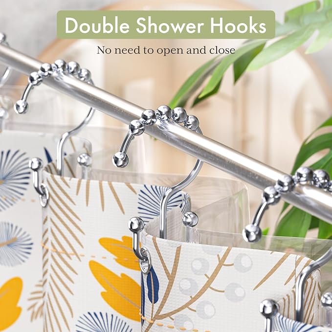 Amazer Shower Curtain Hooks Rings, Rust-Resistant Stainless Steel Double Shower Curtain Hooks, Shower Hooks for Shower Curtain and Liner Bathroom, Set of 12, Chrome