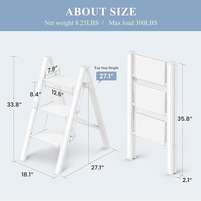 3 Step Ladder, Folding Step Stool with Wider Pedal, Anti-Slip Feet & Non Slip Stripes, Aluminum Sturdy Material, 300Lbs Capacity, Elegant Look of Modern White Better Matches Your Home