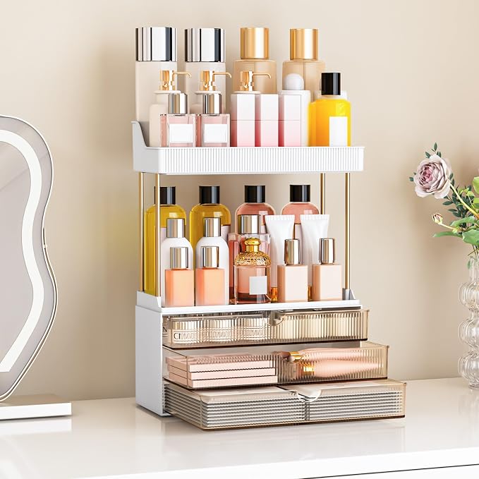caktraie Bathroom Organizers and Storage - 3 Drawers 2 Tier Makeup Organizer, Cosmetic Storage Drawer for Dresser Countertop and Bathroom Vanity for Large Skincare, Perfume, Amber