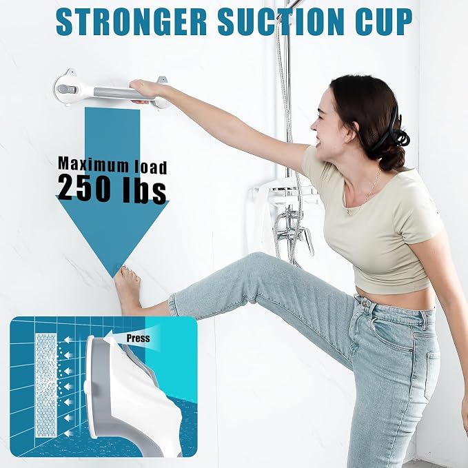 MCDEX Grab Bars for Shower, 2 Pack Shower Handle for Elderly (Gray White) | Safety Signal Indicators, Strong Suction Cup, Easy Installation, No Drill, Removable, Anti-Slip, Waterproof
