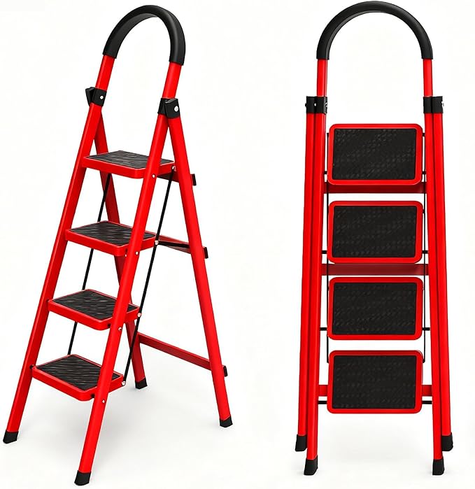4 Step Folding Ladder, Portable and Compact, Anti-Slip Multi-Use Household Step Ladder for Home, Kitchen, Office, and Garage – Easy Storage, Sturdy and Durable