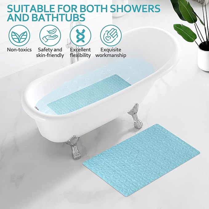 Bathtub Mat Non Slip - Natural Rubber Bath Tub Shower Safety Mat - 16 x 28 Inch Shower Mats with Suction Cups - Delicate Diamond Pattern - Softer - BPA Free - Machine Washable - Elegant Blue