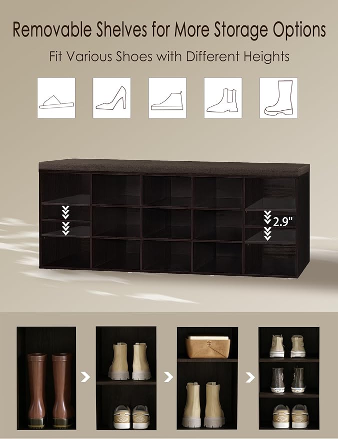 DINZI LVJ Shoe Storage Bench with Cushion, 15-Cubby Shoe Rack, Adjustable Shelves, Long Shoe Organizer Bench for Entryway, Mudroom, Hallway, Living Room, Bedroom and Garage, Espresso
