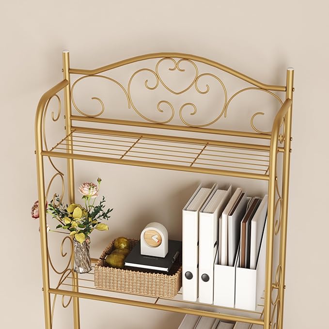 HOME BI Over The Toilet Storage Shelf, 3-Tier Over Toilet Bathroom Organizer Rack, Freestanding Space Saver Toilet Stands with Hooks (Gold)
